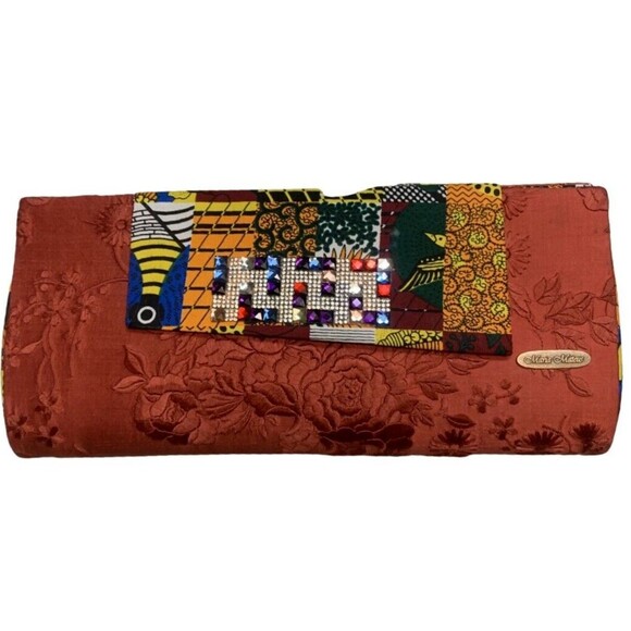 Handbags - Maria Mateus Angola African Print Red Embroidered Envelope Clutch Purse 14"